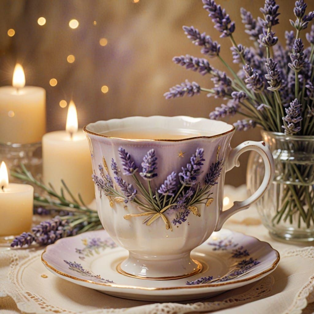 Anime Chick with Teacup and Lavender, Watercolor Style