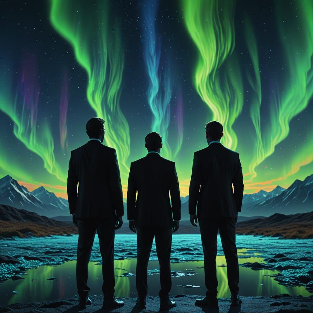 Aurora Borealis Over Men in Black: Digital Art