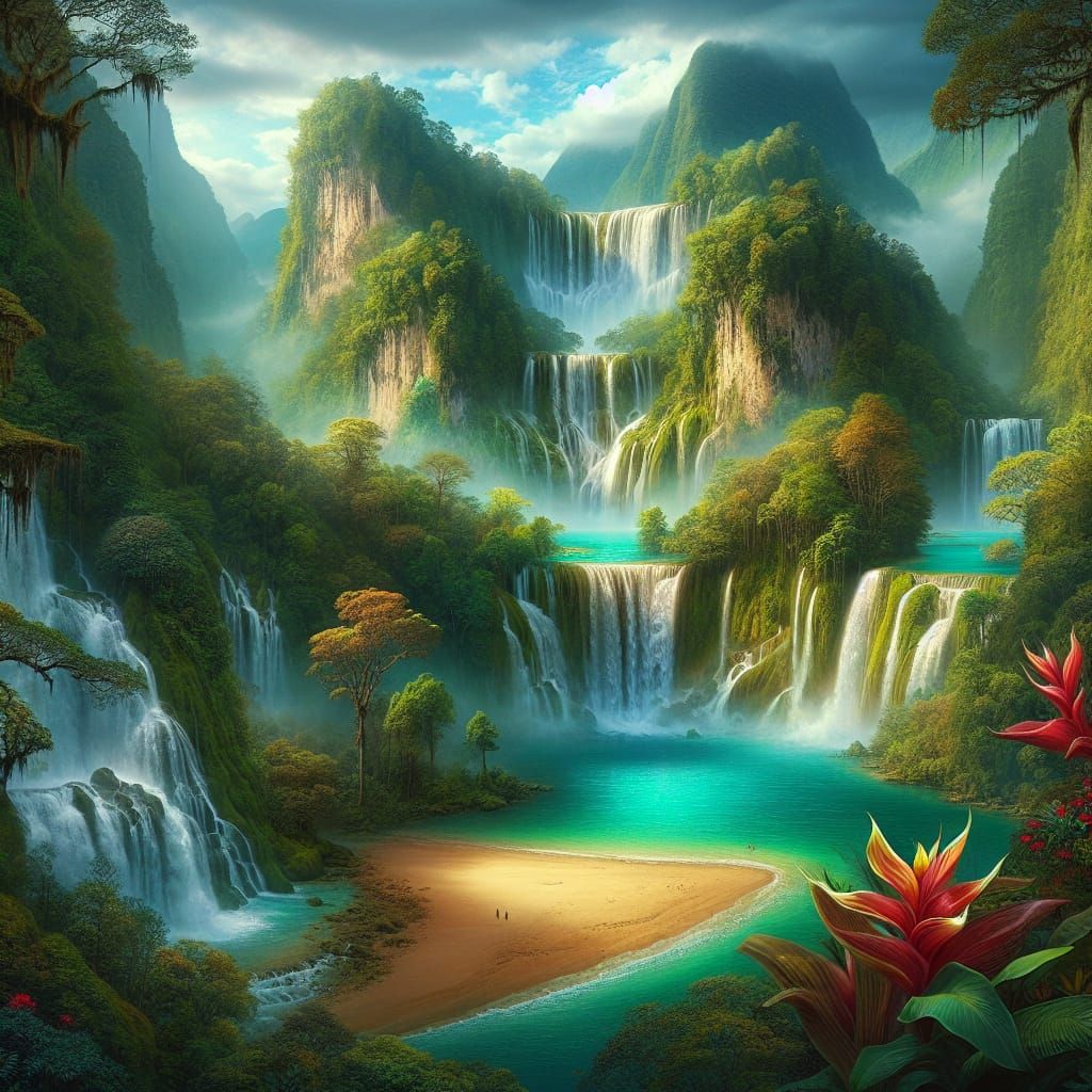 Majestic Multi-Tiered Waterfall in Lush Rainforest