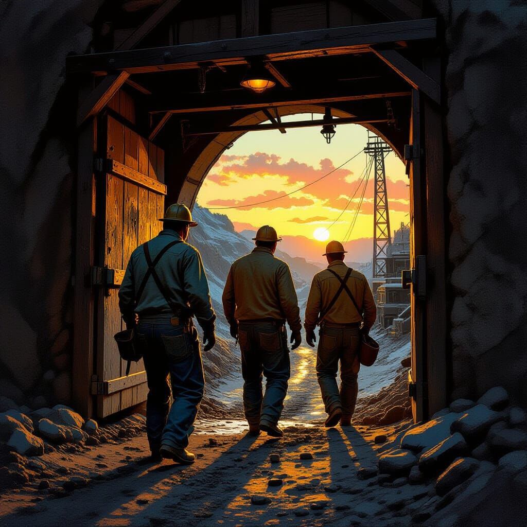 Coal Miners Emerging from Mine at Sunset