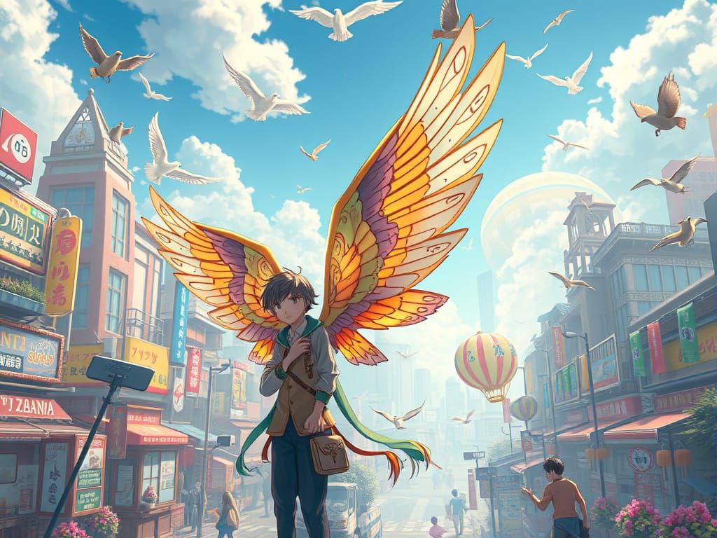 Metropolis of Winged Citizens in Anime Style