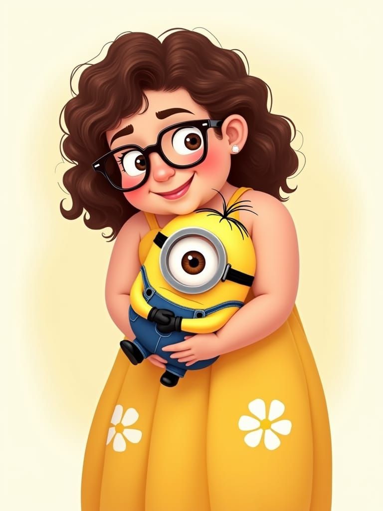 Woman Cradling Minion in Playful Vector Art