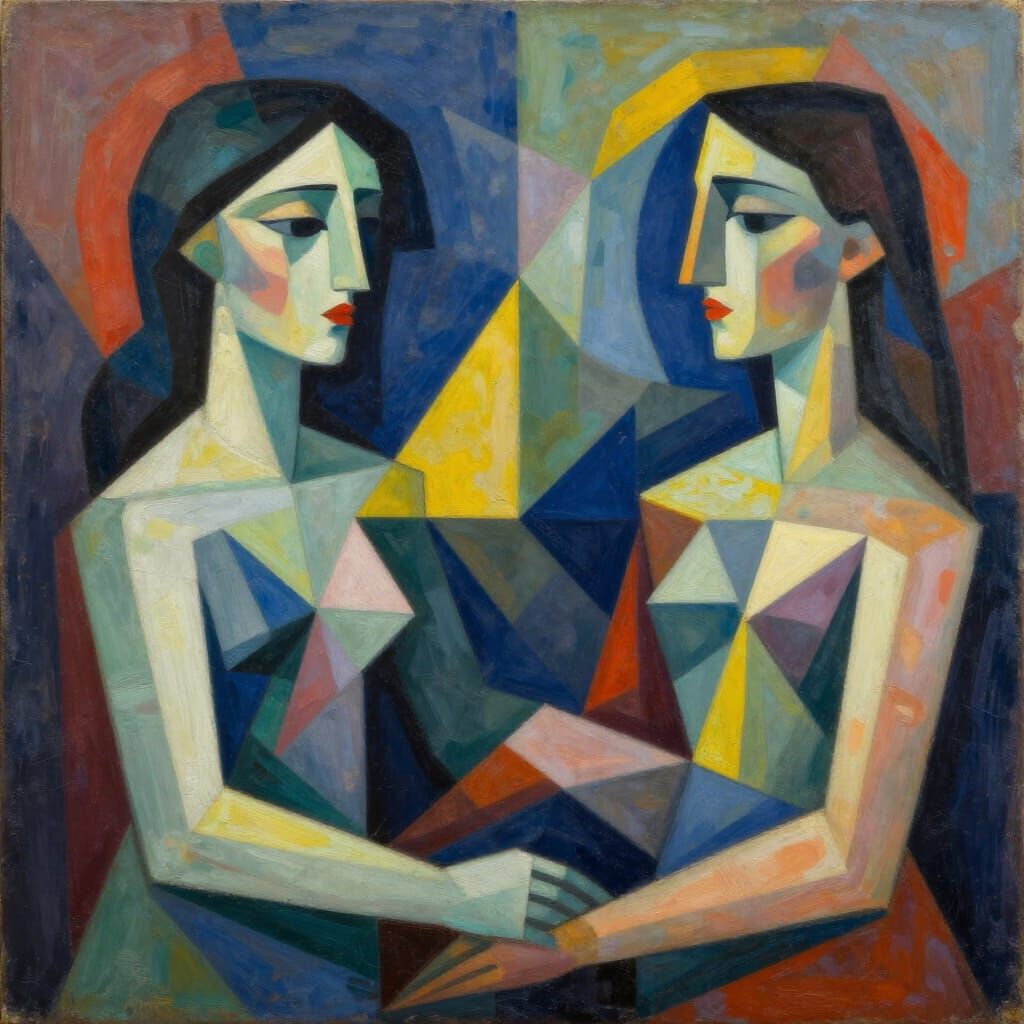 Cubist Painting of Interconnected Consciousness in Geometric...