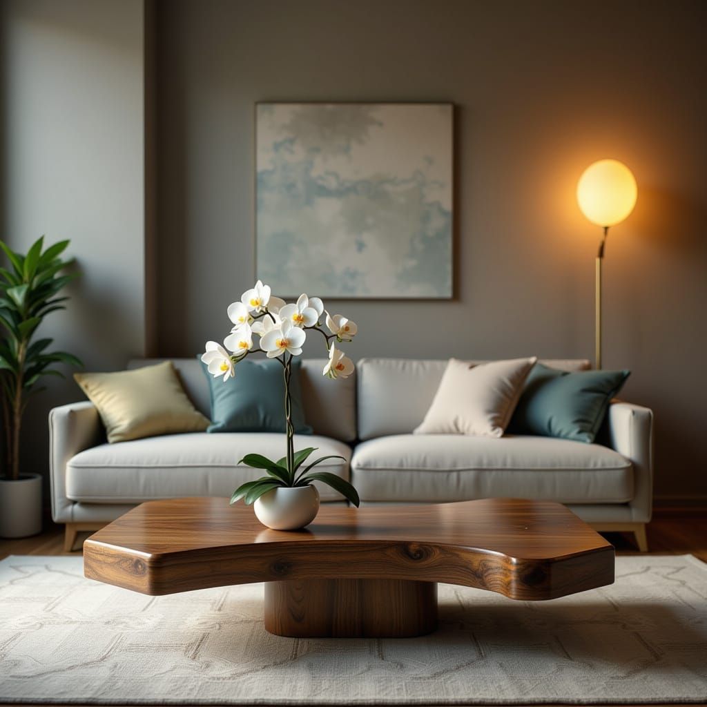 Minimalist Wooden Coffee Table with White Orchid