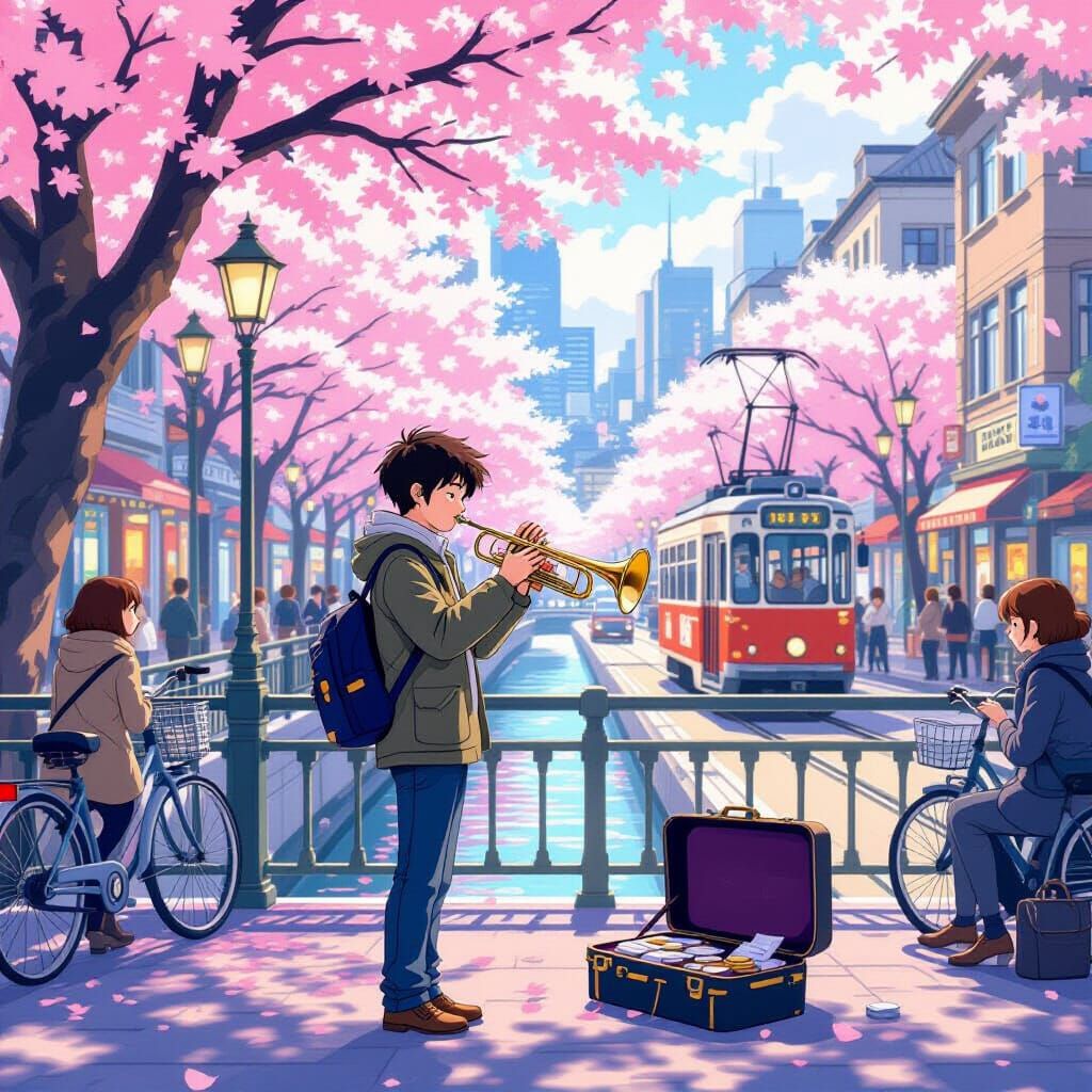Ghibli-Style City Bridge Scene with Jazz Musician
