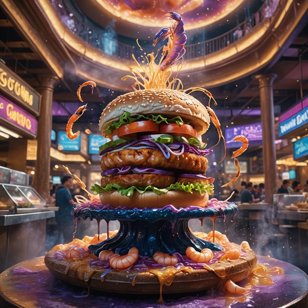 Shrimp Burger on Pedestal in Mystical Food Court