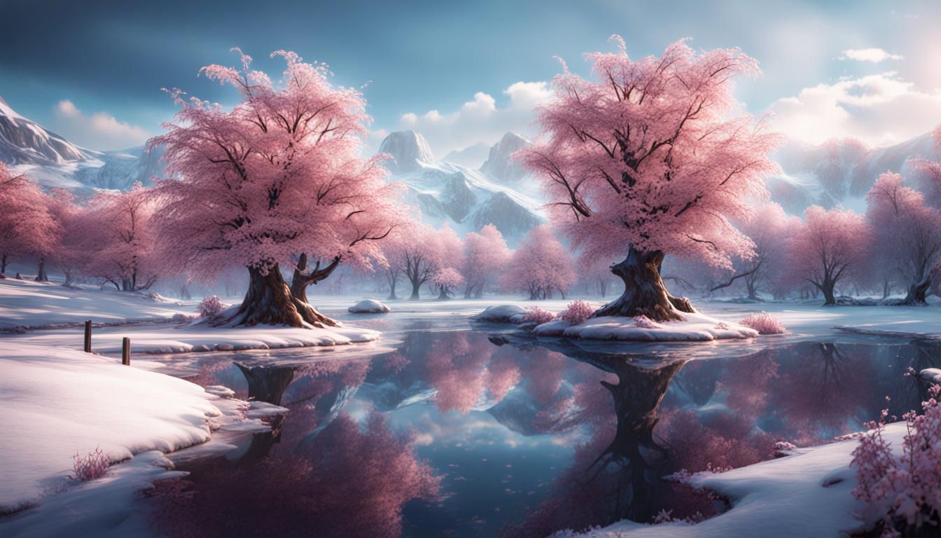 Winter Landscape with Cherry Trees, Detailed Matte Painting