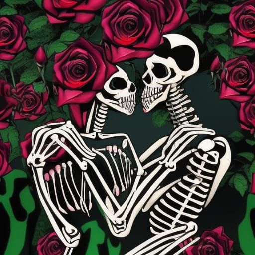 Skeletons Kissing with Roses in Neo-Romantic Style