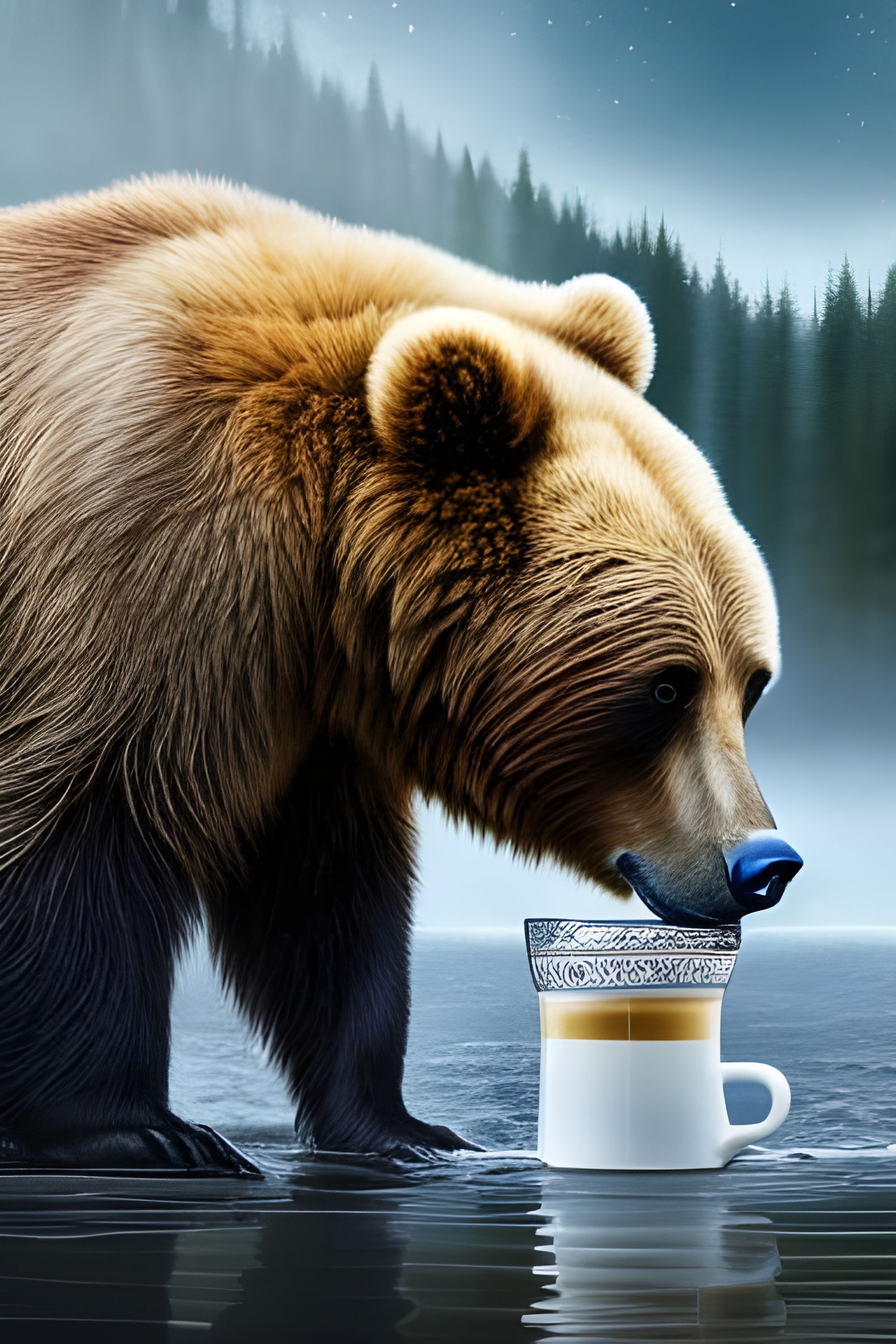 Bear Enjoying Coffee: Photorealistic Digital Painting