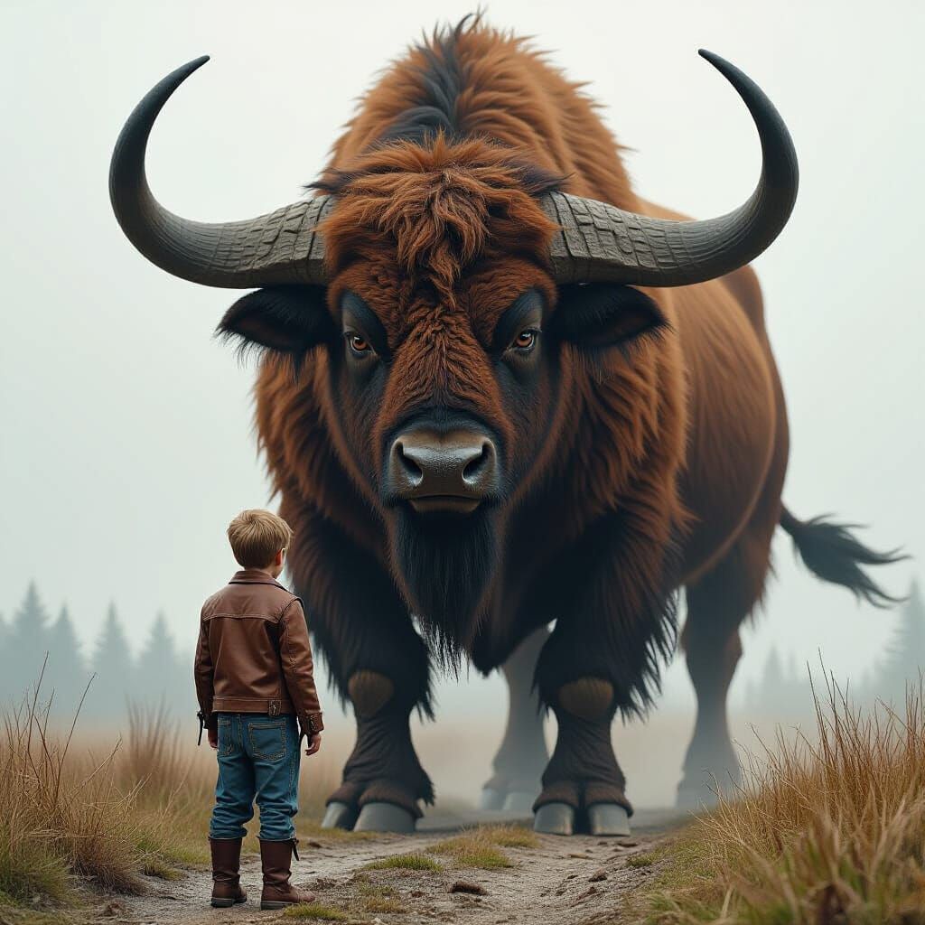 Boy and Gigantic Buffalo Minotaur in Dark Fantasy Style