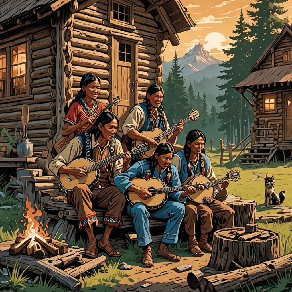 Native American Family's Musical Cabin Scene