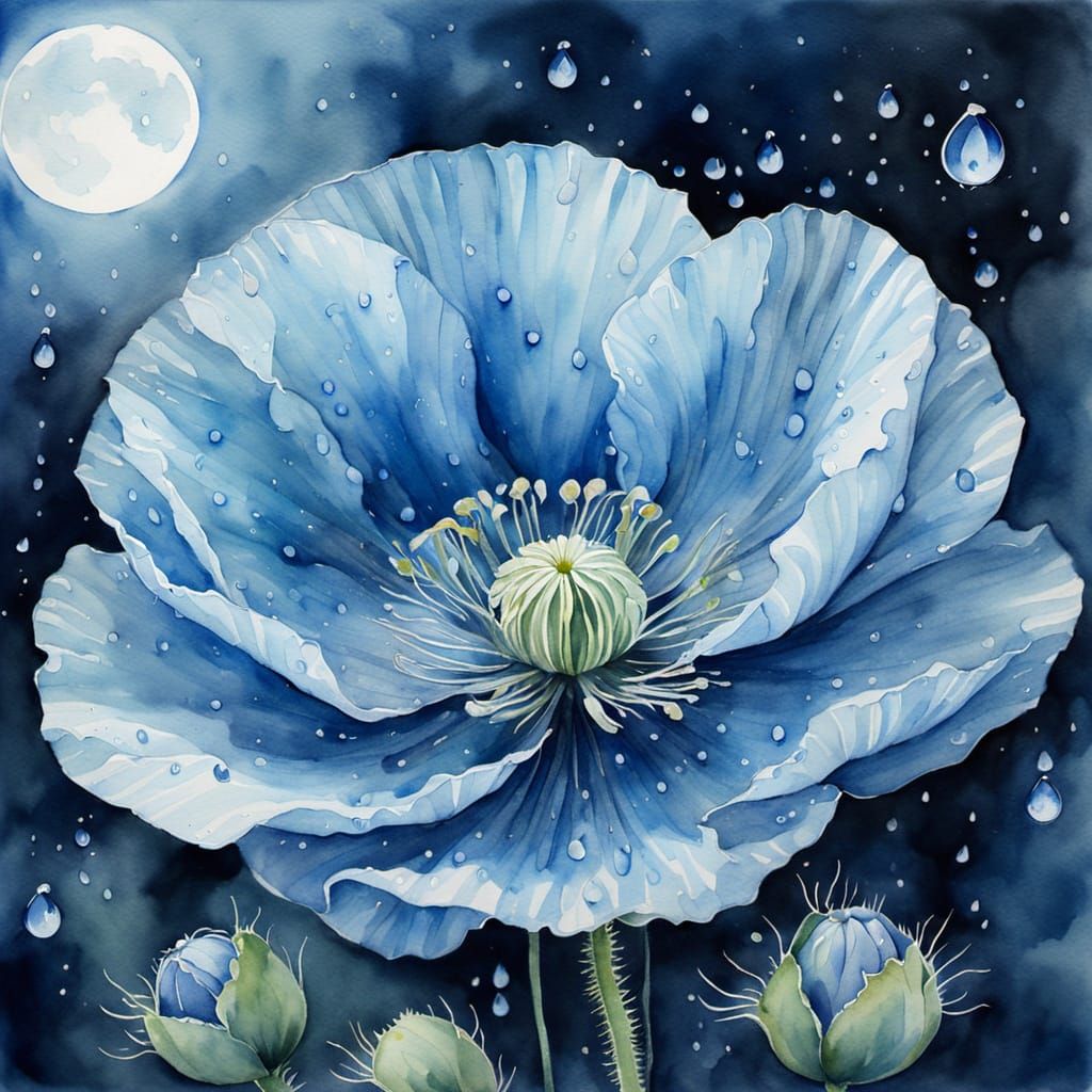 Ethereal Blue Poppy in Moonlight Watercolor
