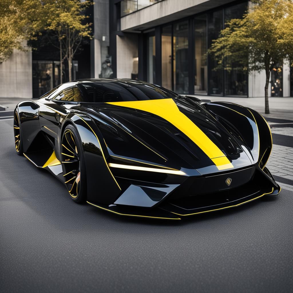 A super car straight out of the future, it is black with a yellow stripe on the front hood, anti-reflective tinted windo...