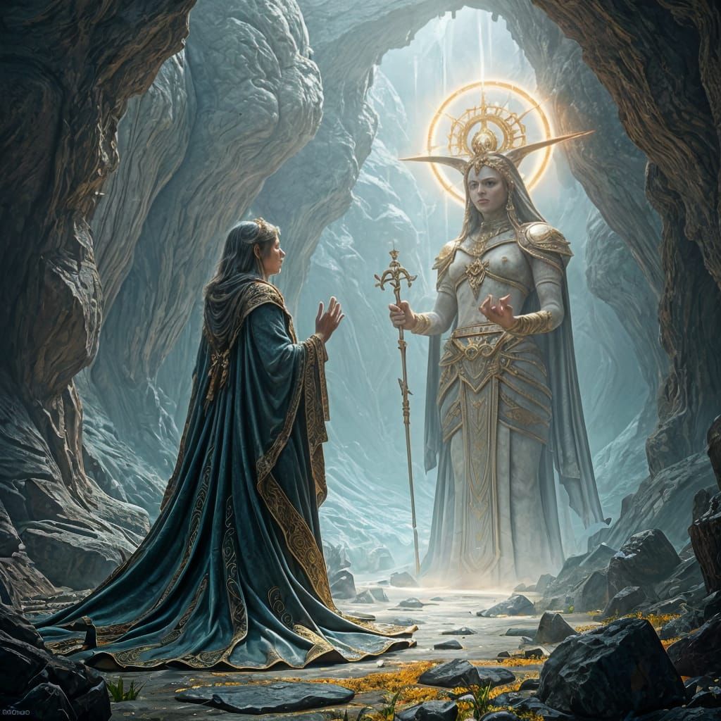 Mystical Agori Adore a Celestial Deity in a Vibrant, Fantast...