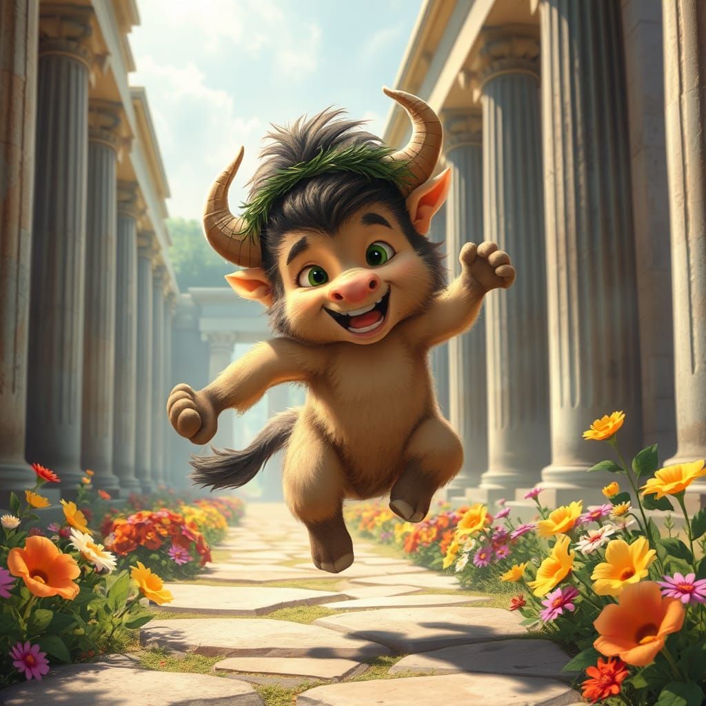 Playful Baby Minotaur in Labyrinth, Whimsical Art