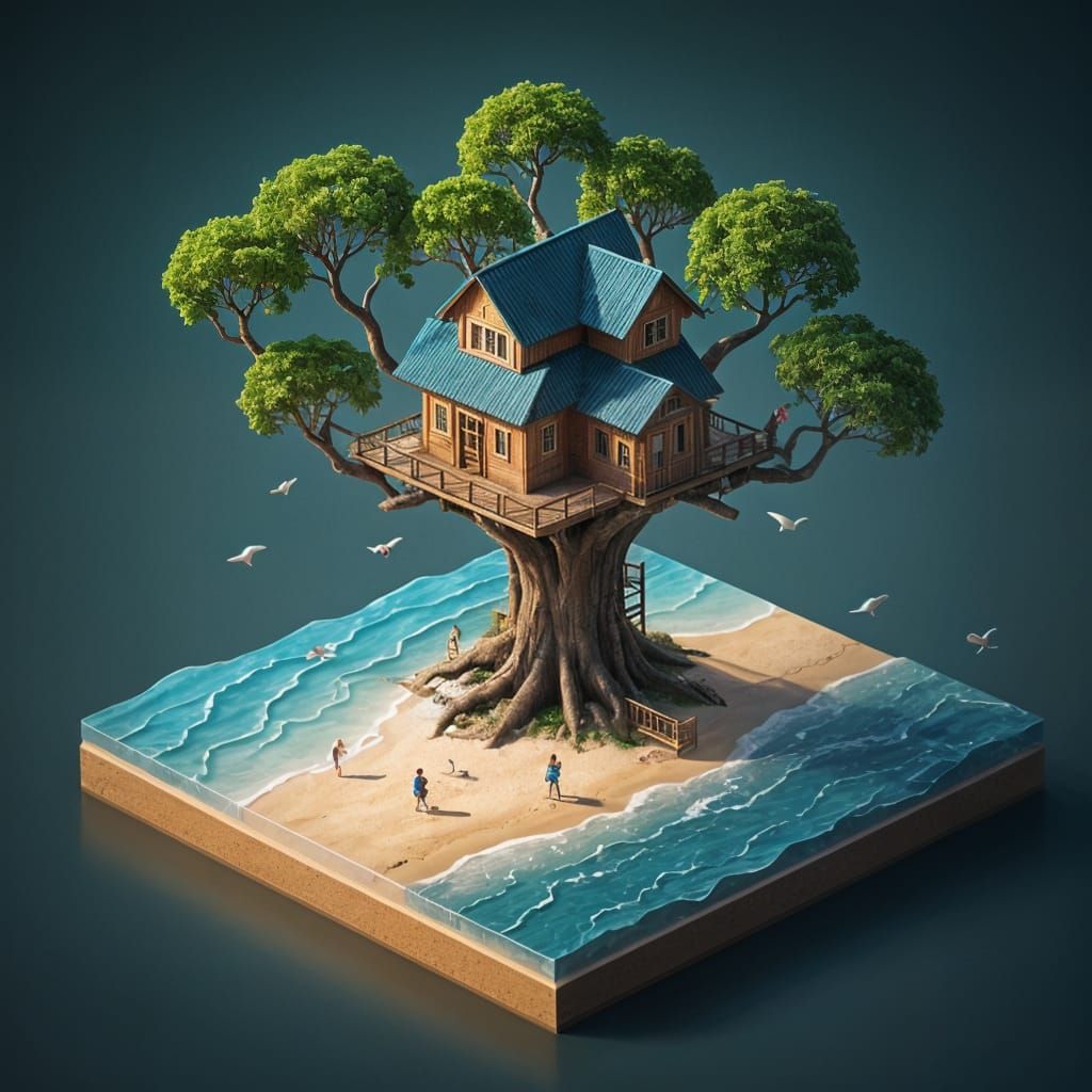 Isometric Summer Oasis in Vibrant Hyper Realism