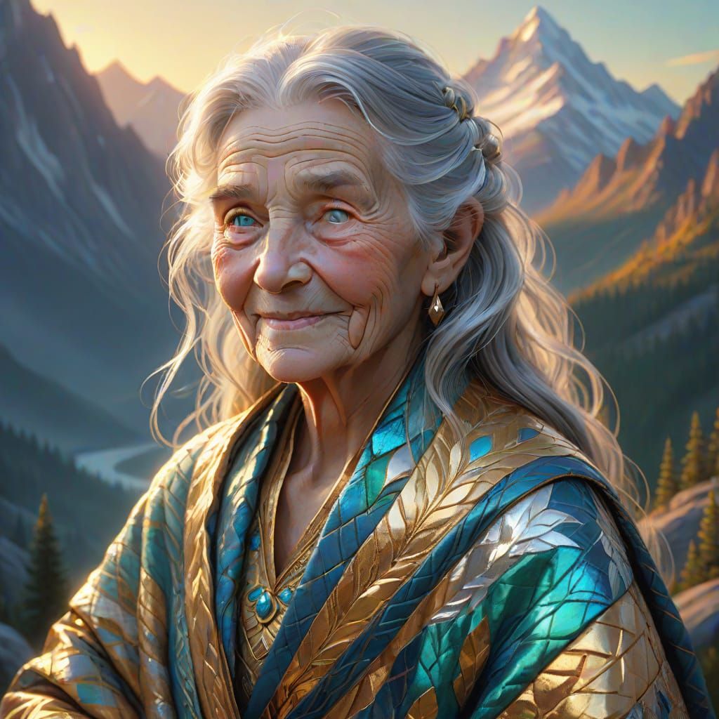 Elderly Woman Holds Mountain in Ethereal Digital Painting