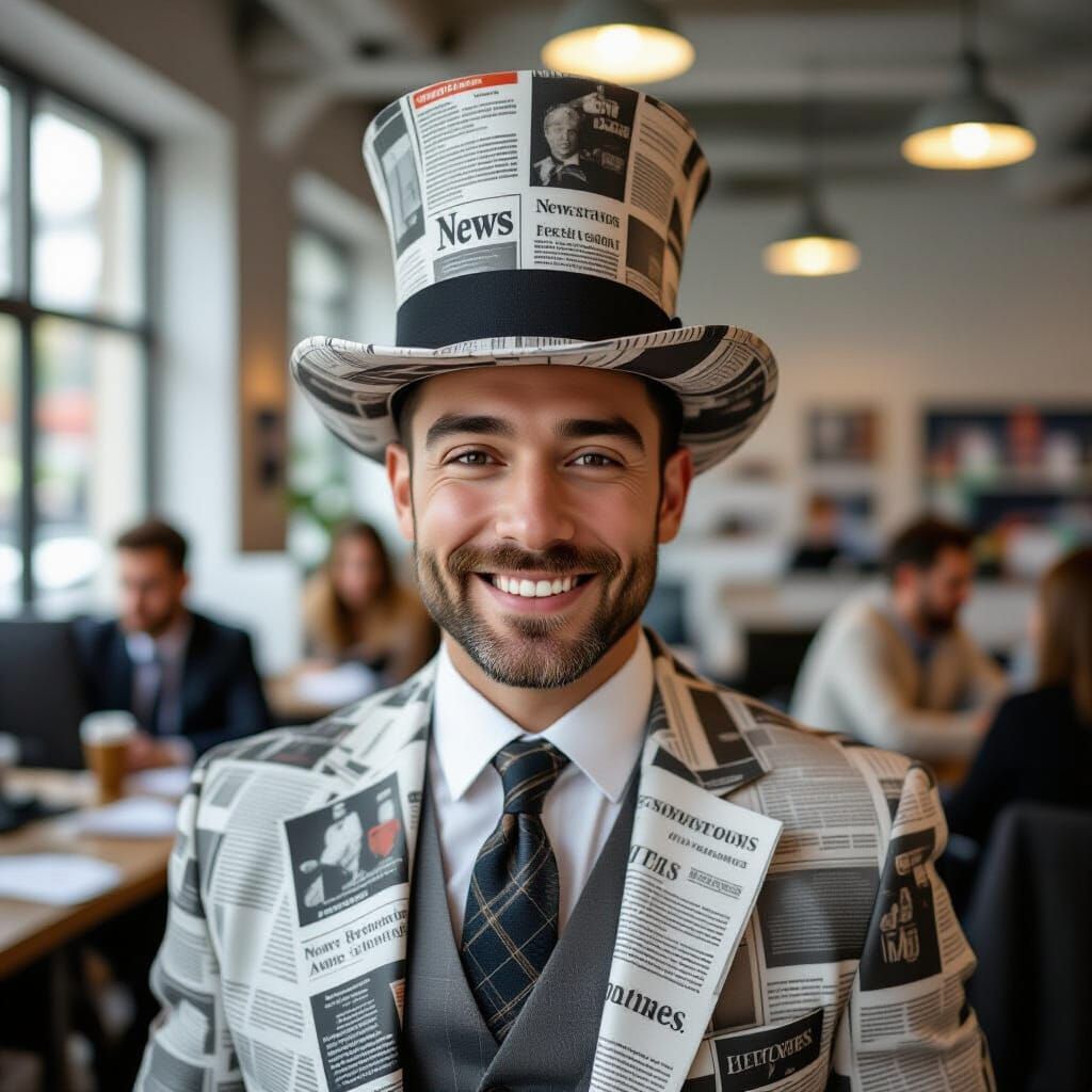 Man in Newspaper Suit and Top Hat in Newsroom