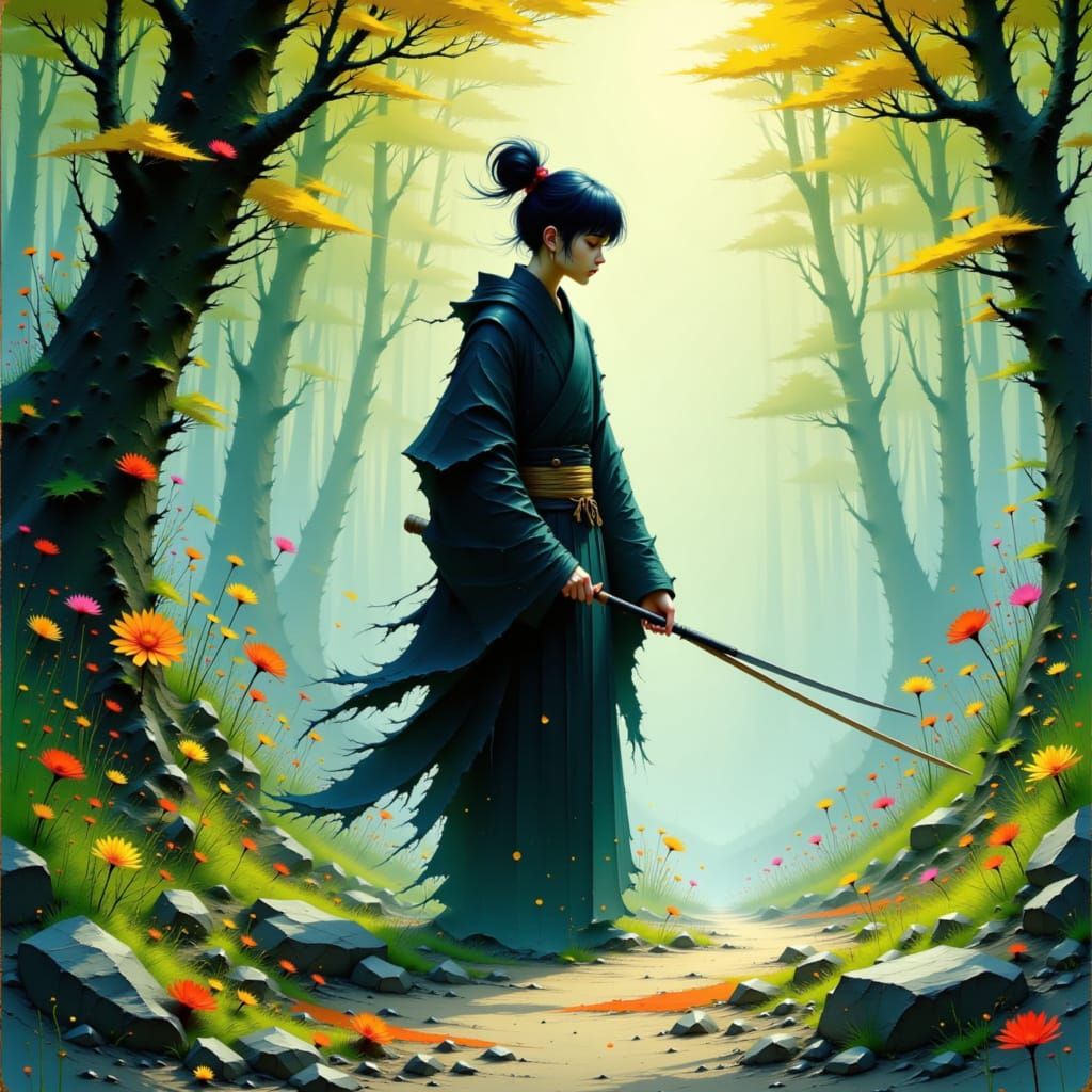 Yakuyoke Ritual in Misty Forest, Ukiyo-e Style