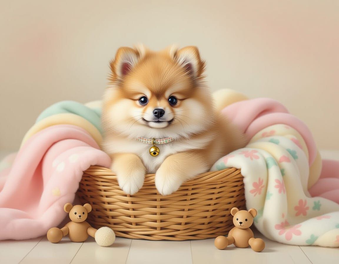 Shimmering Pomeranian Puppy in Basket, Inspired by Children'...