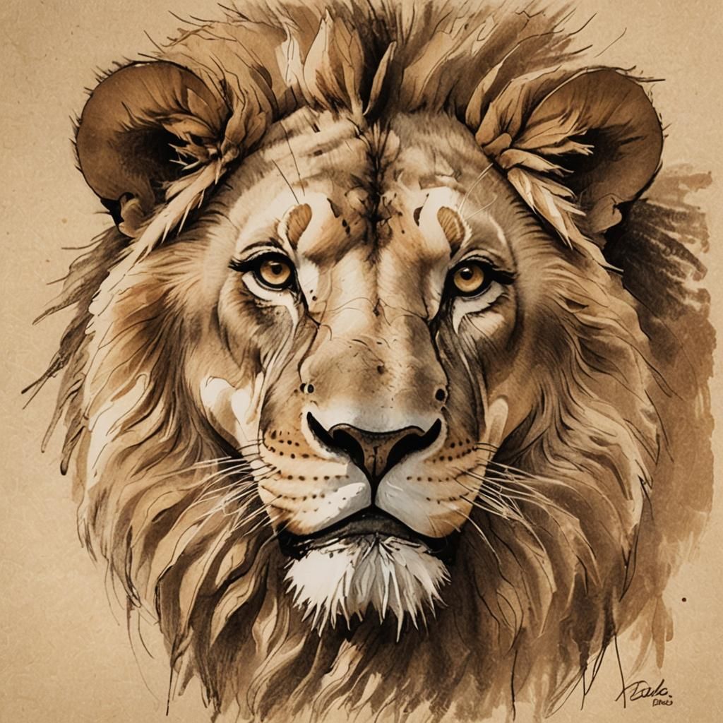 Regal Lion Portrait in Sepia Sketch Style