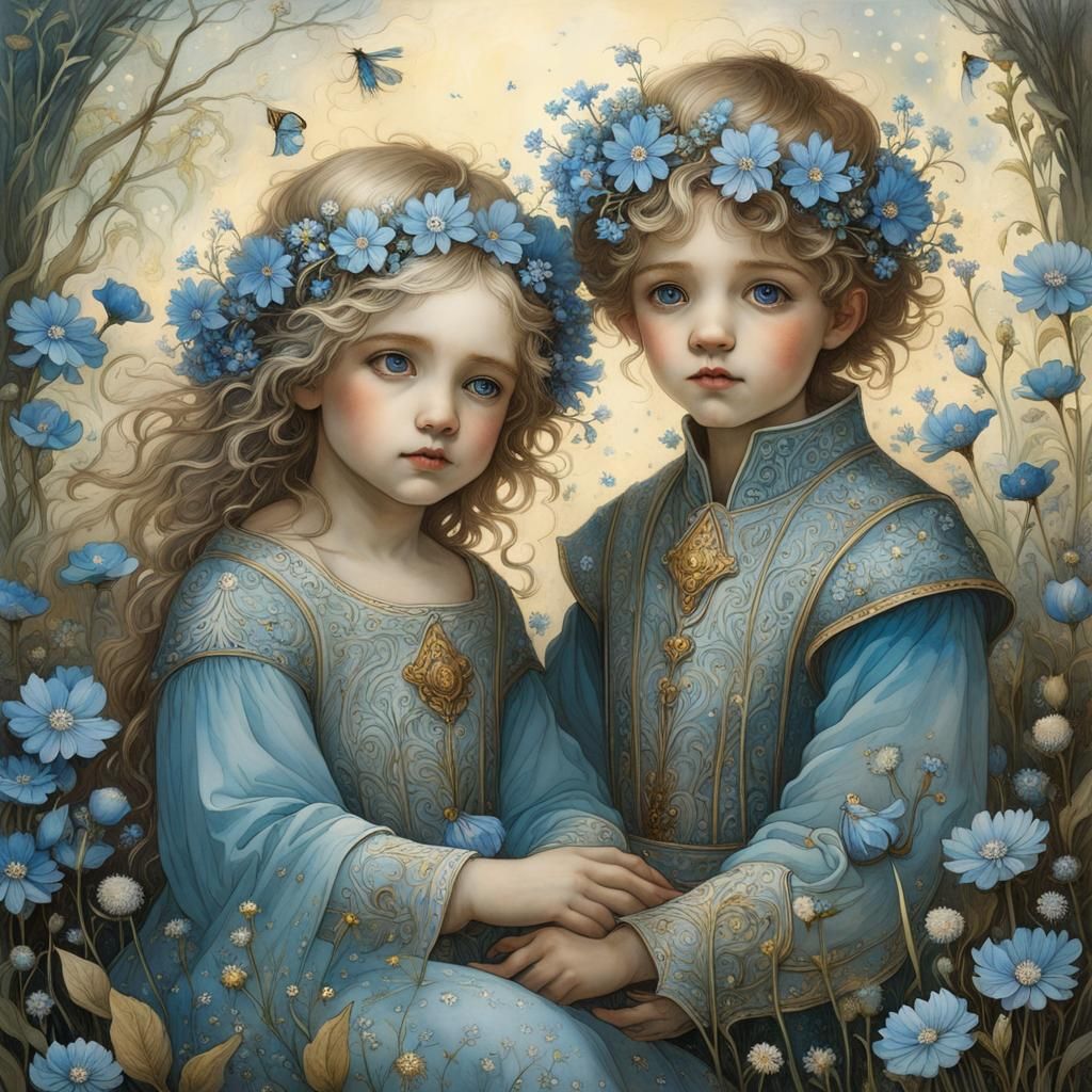 Toddler Siblings in Flower Garden, Illustrative Art