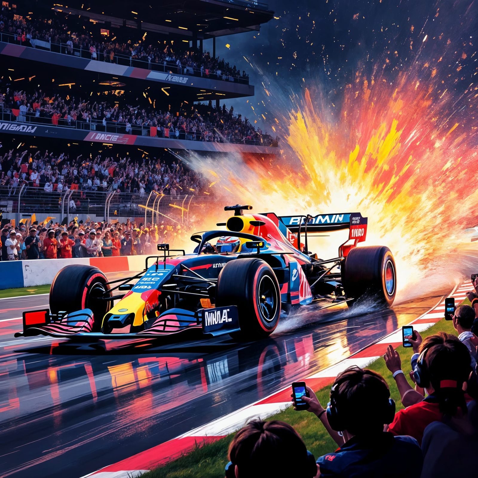 Ominous Racecar Jump in Vibrant Action Painting Style