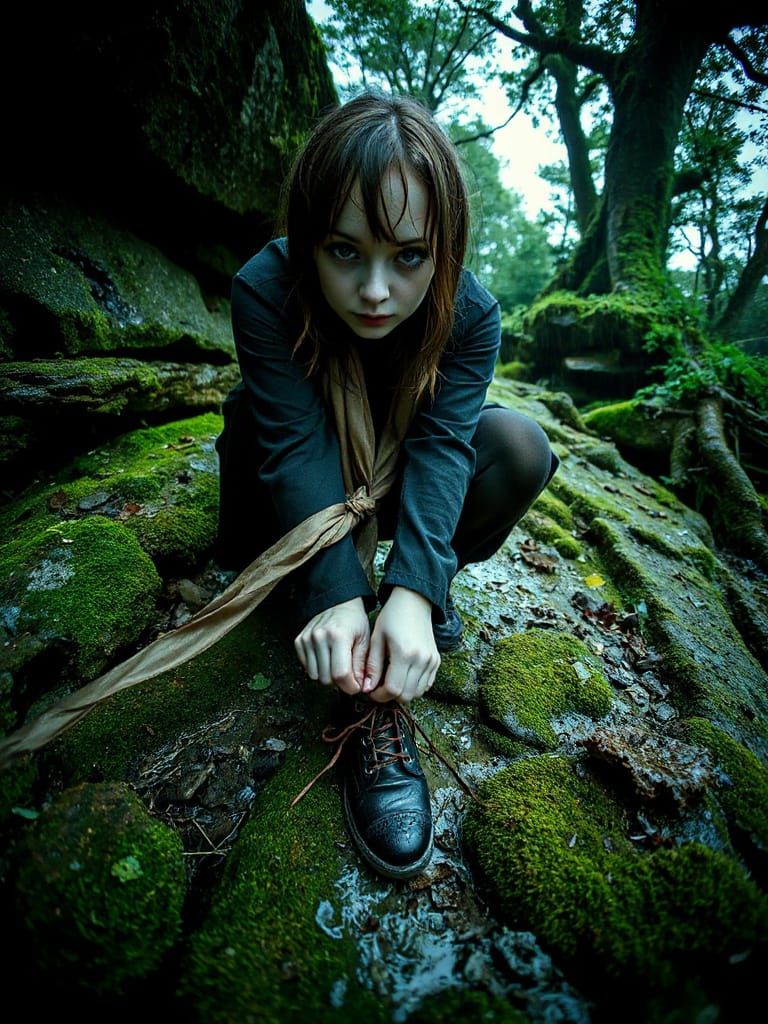 Ethereal Goth Girl Ties Boots in Dartmoor Wilderness