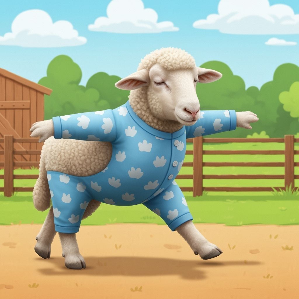 A sheep wearing pyjamas sleepwalking, eyes closed and arms s...