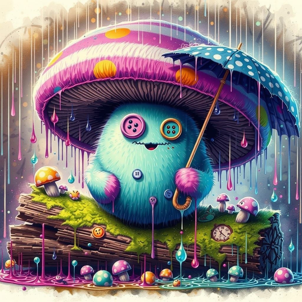 Mushroom Spirit with Polka-Dot Umbrella in Acid Rain