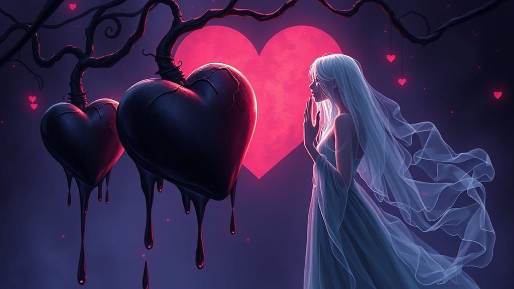 Dark Fantasy Illustration of Ethereal Hearts and Spectral Ki...