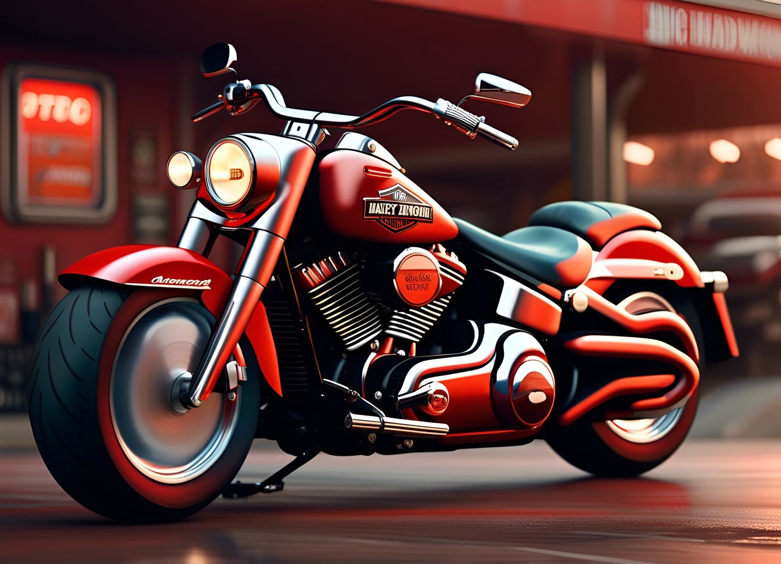 Red Harley-Davidson Fat Boy at Vintage Gas Station