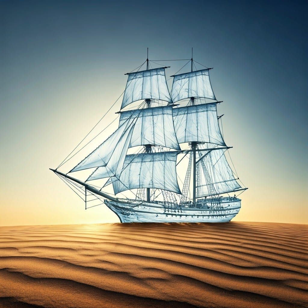 Ethereal Water Sail Ship Rises from Desert Dunes