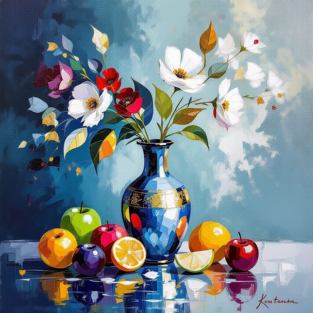 Abstract Still Life Painting with Fruits and Gold