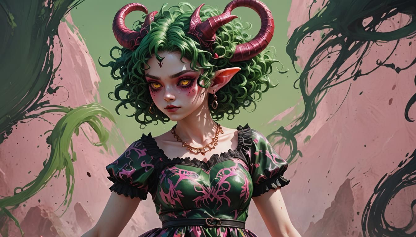 Colorful Demon Girl with Red Horns and Pink Dress