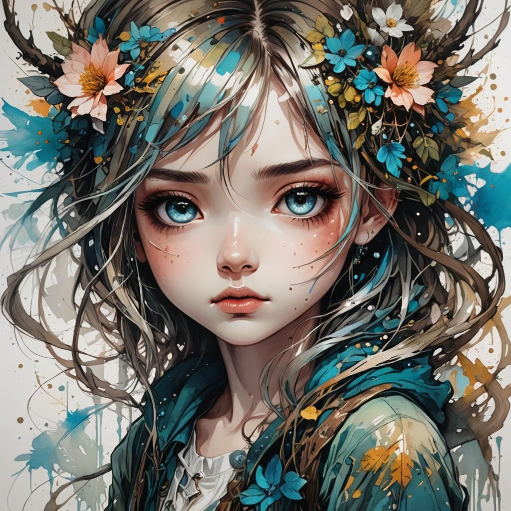 Expressive Chibi Girl in Meadow, Detailed Illustration