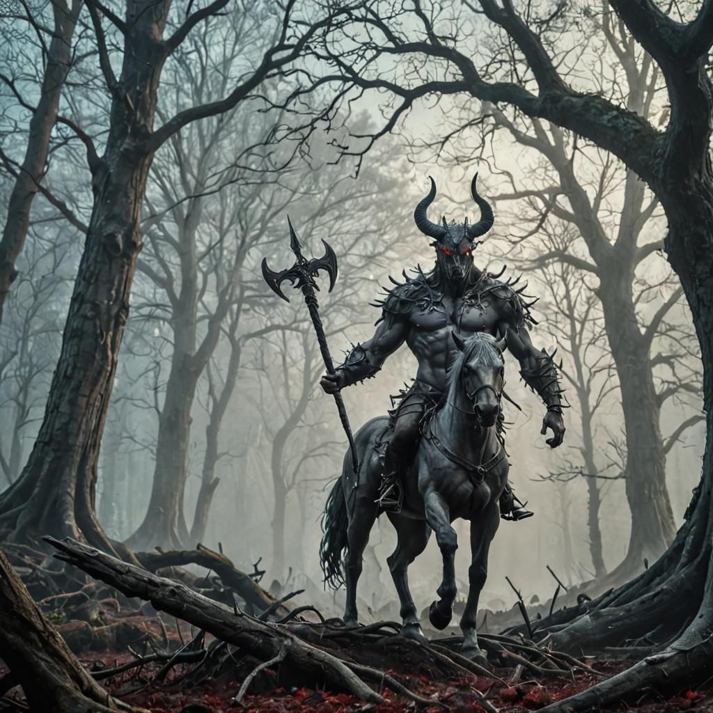 Dark Fantasy Centaur with Polearm in Misty Forest