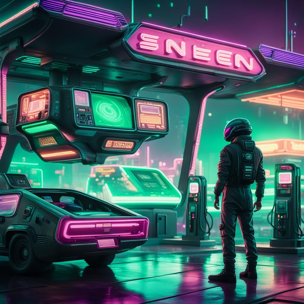 Alien Gas Station in Neo-Noir Synthwave Style