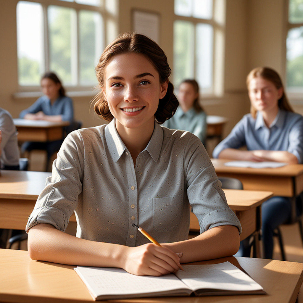 A Photorealistic Portrait of a Girl Student in a Sunny Class...