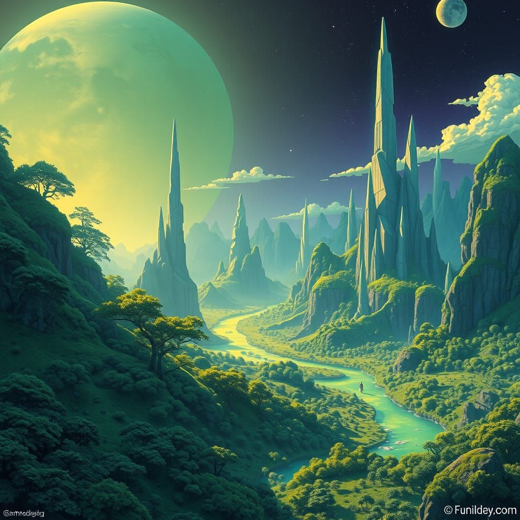 Ethereal Green World with Crystal Spires