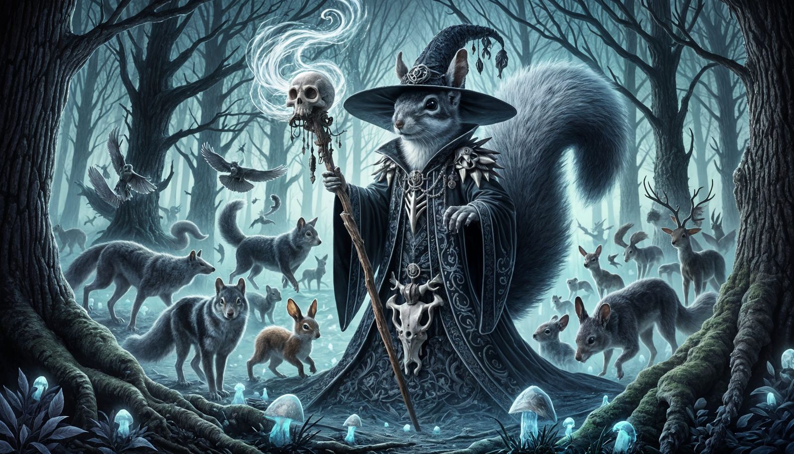Squirrel Warlock Performing Dark Magic in Forest