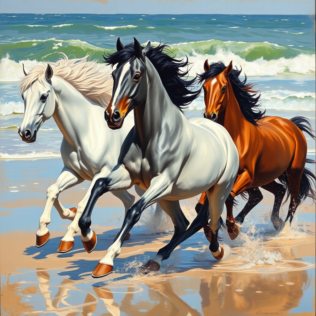 Wild horses, different colors, white, black, brown, running ...