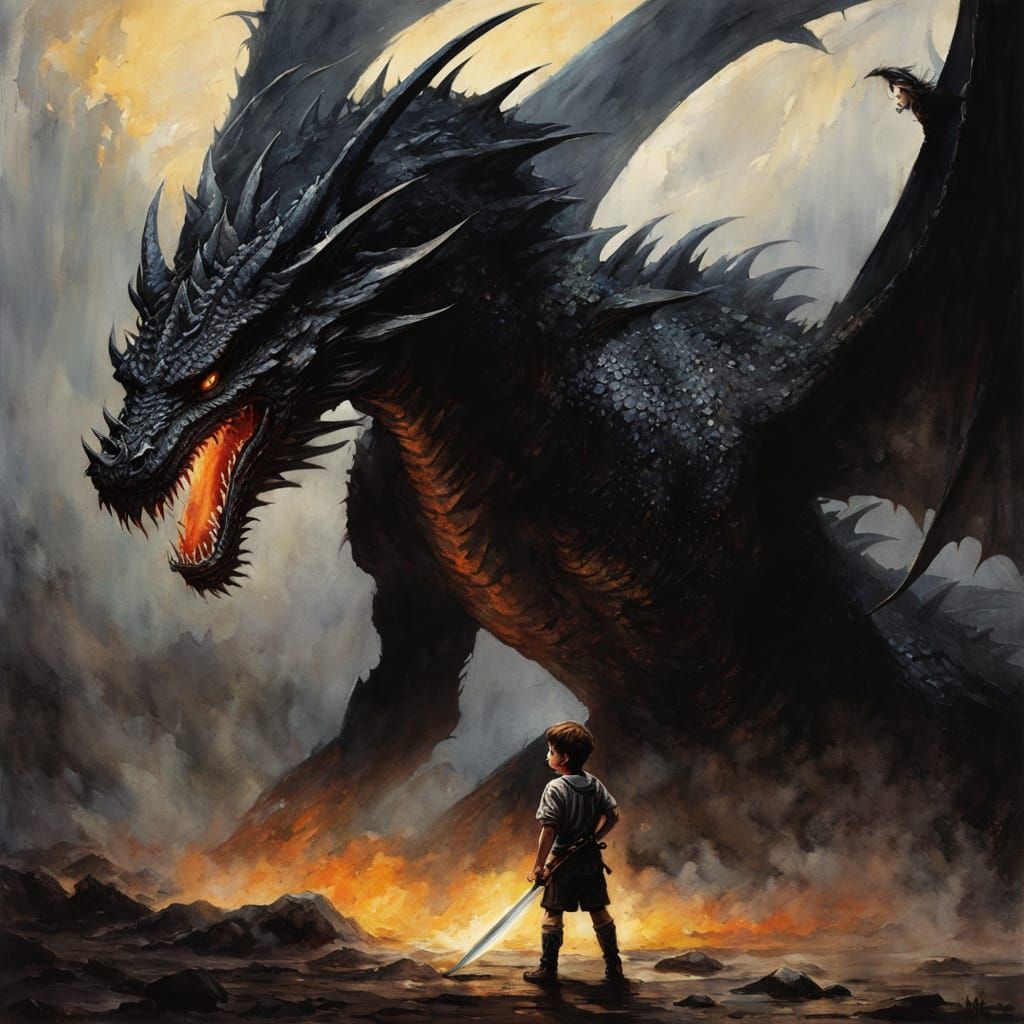 Heroic Boy Fights Looming Black Dragon in Chiaroscuro Waterc...