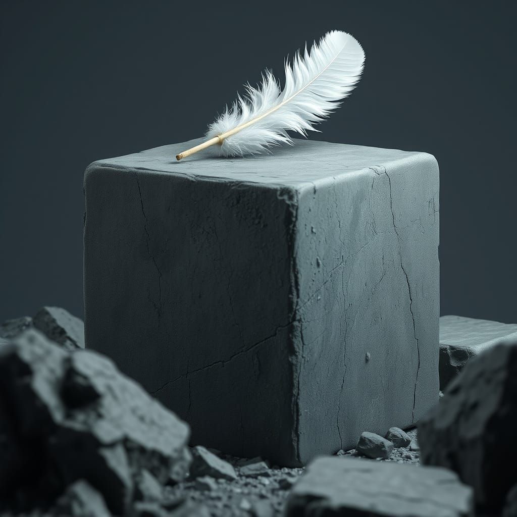 Feather on Lead Cube: Hyperrealistic Digital Art