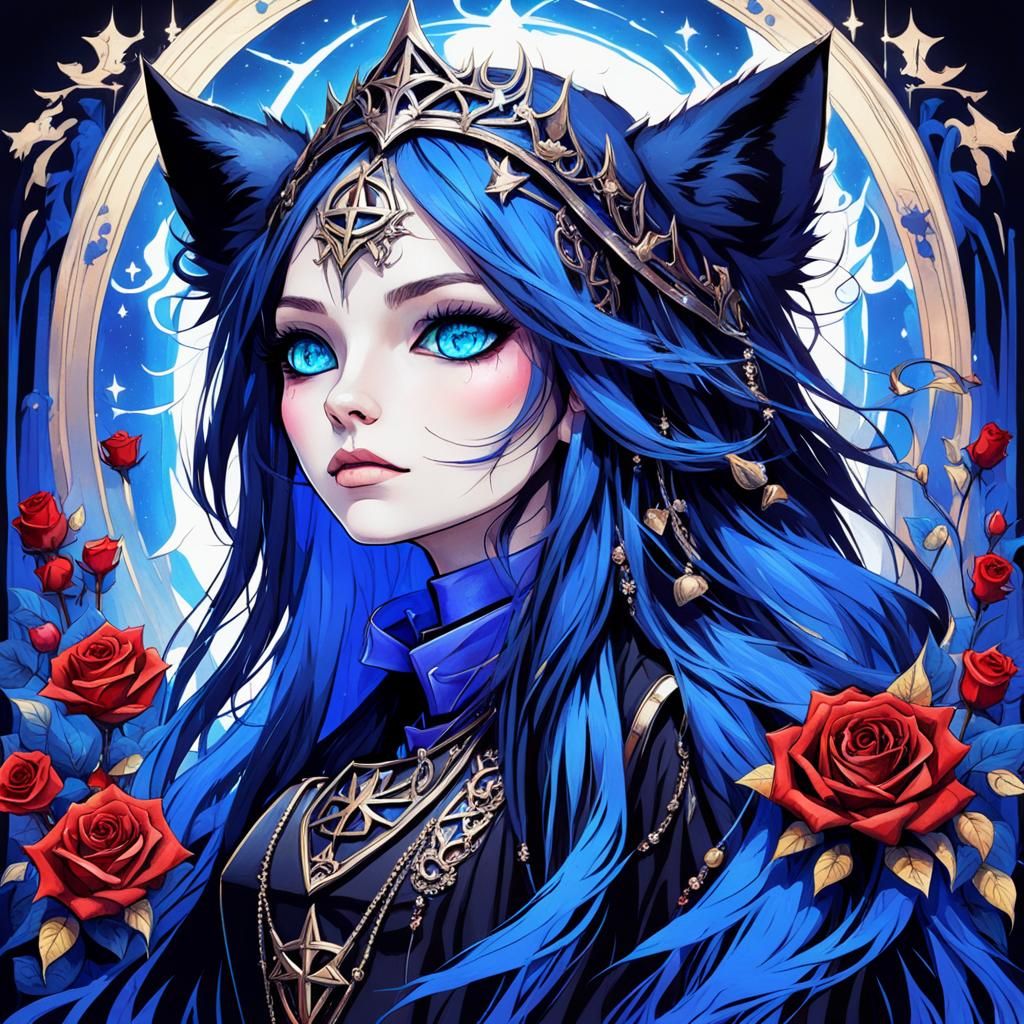 Gothic Cat-Girl with Rose Crown in Dark Fantasy Style