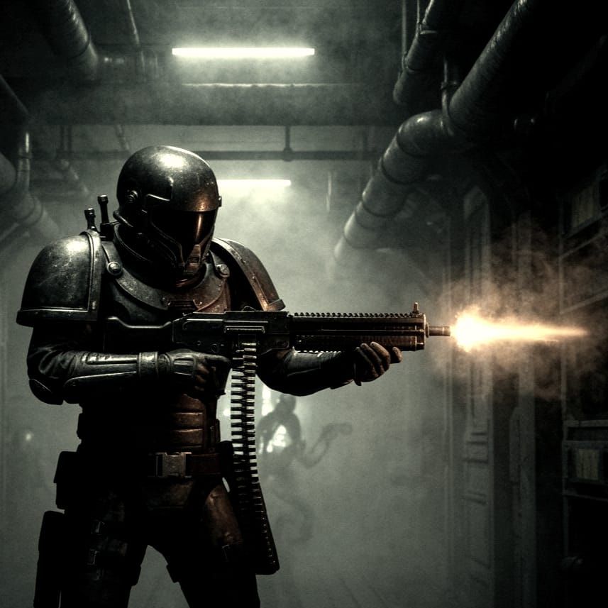 Space Marine Battles Alien Horde in Dark Ship