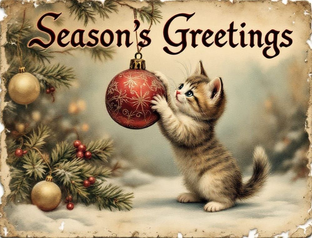 Vintage Christmas Card with Adorable Kitten