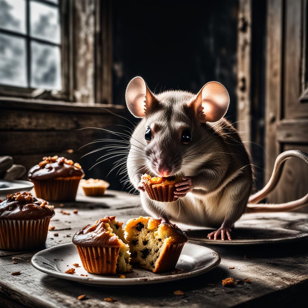 Mouse Devouring Muffin in Run-Down House: Hyperrealistic Ima...
