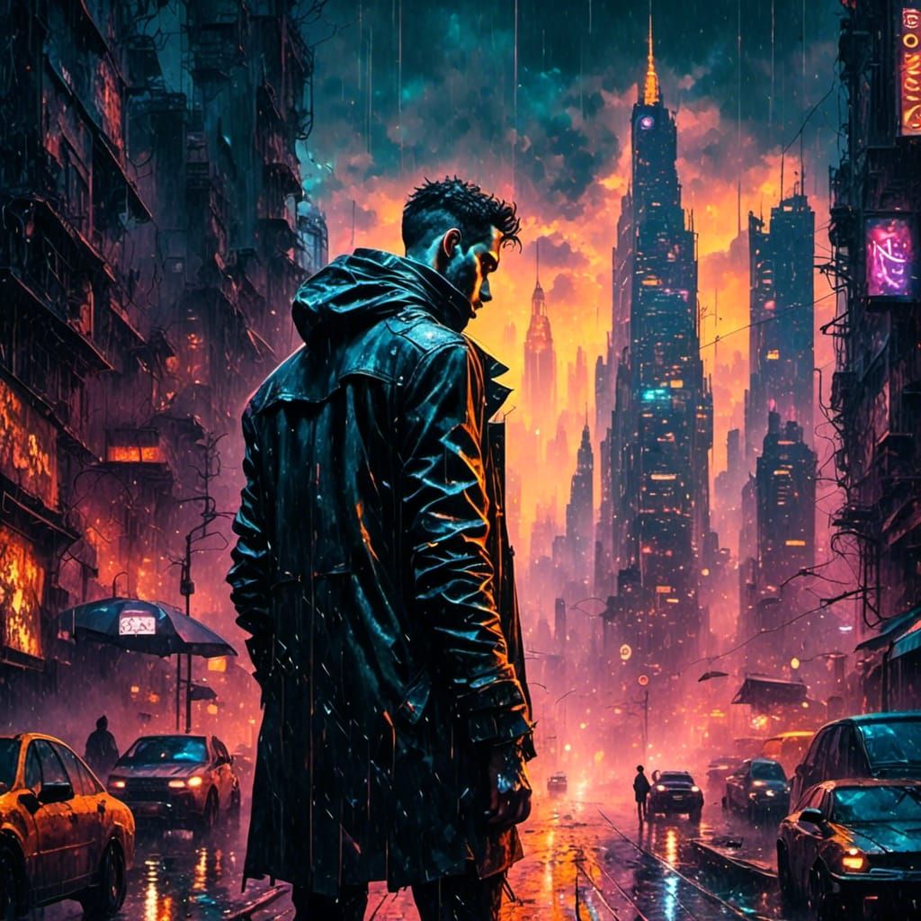 Cyborg in Dystopian Cyberpunk Cityscape