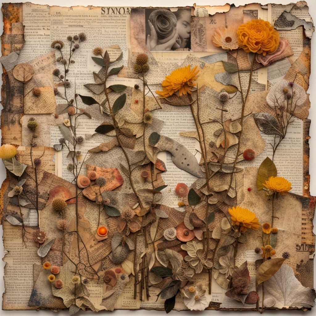 Surreal Botanical Collage with Mixed Media Elements